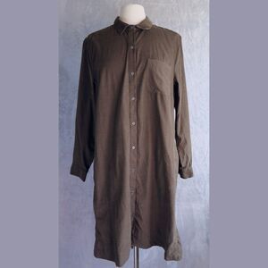 J JILL Brown Green Narrow Wale Corduroy Shirt Dress Size XL Cotton Long Sleeve